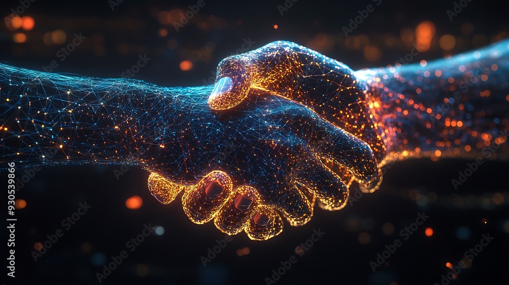 Poster digital handshake of connected lines and glowing particles