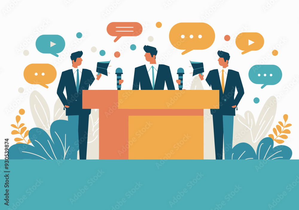 Poster vector illustration of businessmen giving a public speech and presentation on stage with speech bubb