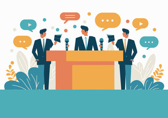 Obraz premium Vector Illustration of Businessmen Giving a Public Speech and Presentation on Stage with Speech Bubbles and Audience Interaction Icons