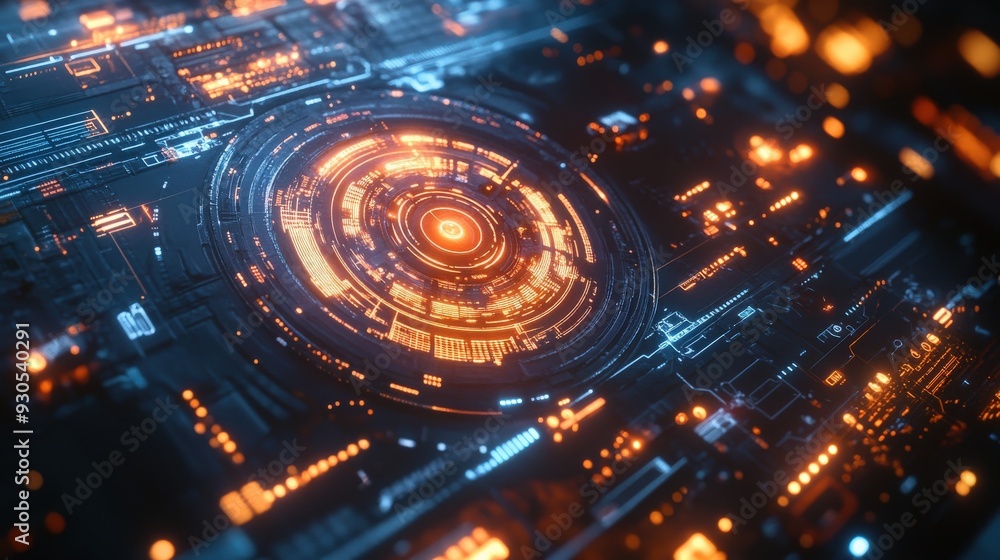 Poster a complex network of circuits processes large amounts of data, showcasing vibrant colors and intrica
