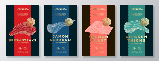 Beef and Salmon Steak, Chicken Thighs, Jamon Vector Packaging Label Design Templates Set. Product Banner, Hand Drawn Meat, Fish and Poultry Sketches. Food Background Layout with Gold Foil Isolated