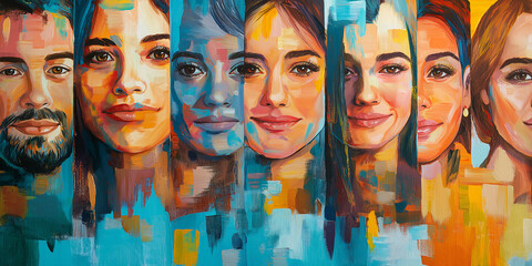 Peoples faces from all over the world painted in an impressionistic style. teal and blue and peach and yellow