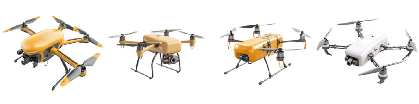 A collection of quadcopter drones equipped with cameras, featuring different designs and colors, isolated on a white background, representing modern aerial technology and surveillance.