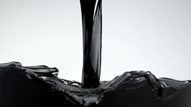 Black liquid pouring steadily against a white backdrop