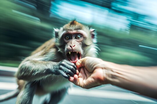 A monkey aggressively grabbing a person's hand, baring its teeth in a threatening manner. The image evokes concerns about rabies and monkeypox, highlighting the dangers of wild animal interactions.