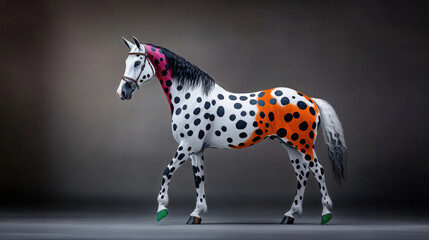 A colorful horse figurine with a unique polka dot design, showcasing a vibrant mix of colors and artistic creativity.
