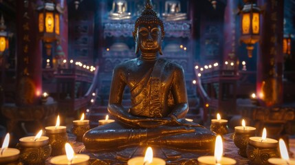 Fototapeta premium Illuminated Buddha statue in a temple with candles