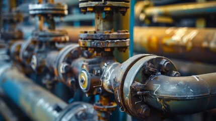 Fototapeta premium Industrial zone steel pipes and valves, detailed machinery and equipment
