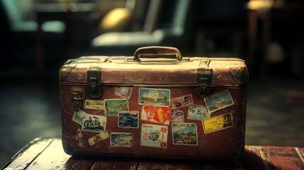 Vintage Suitcase Decorated with Travel Stickers