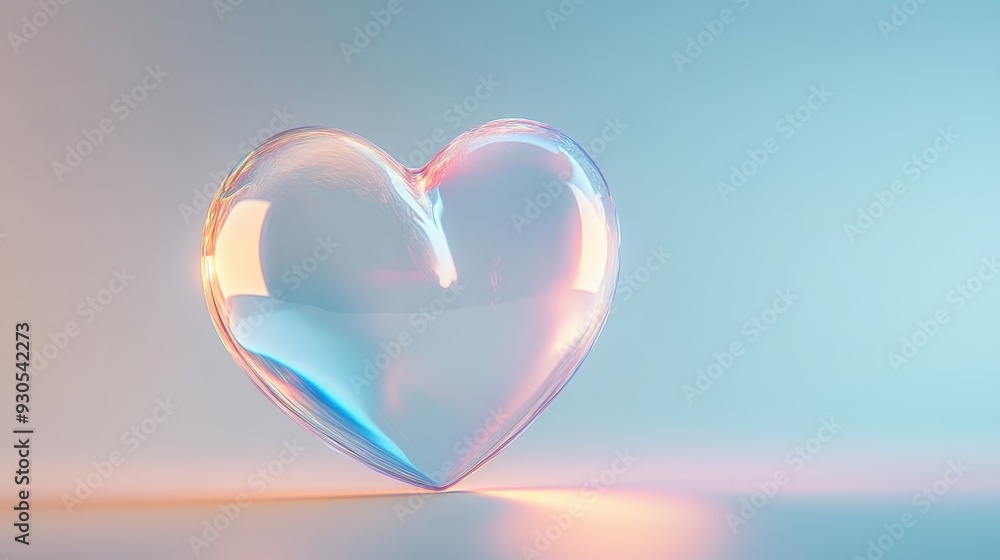 Poster a translucent heart-shaped object reflecting soft colors against a gradient background.