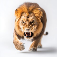 A fierce lion charging forward, showcasing its powerful build and majestic mane, symbolizing strength and courage.