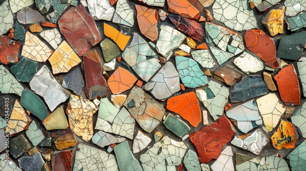 Poster intricate mosaic pattern with a mix of bright and muted tones