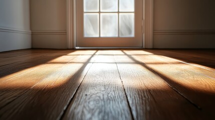 Warm sunlight streams through a glass-paned door, casting intricate patterns and illuminating the rich wood grain of the floorboards, creating a serene and inviting atmosphere.