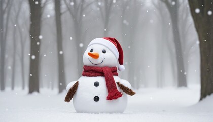 Obraz premium Christmas decoration with a cute cheerful snowman in the snow winter forest landscape