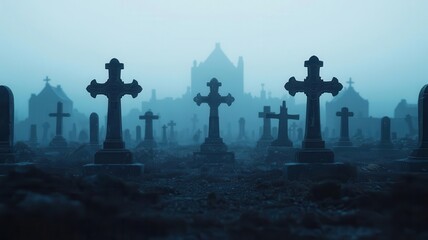 Steampunk graveyard with gravestones made of gears, fog drifting between mechanical mausoleums, Halloween Steampunk, eerie mechanical resting place