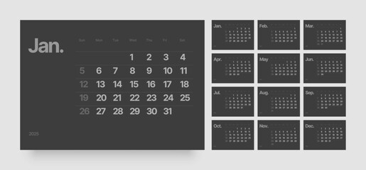 Monthly calendar template for 2025 year. Wall or desk calendar in dark color. Week Starts on Sunday. 