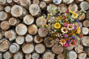 Troncos de madera bien colocadas con un ramo flores por delante. Recurso gráfico, fondo. © jordirenart
