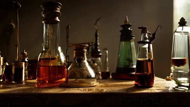 Mysterious laboratory setup with ancient glassware and dark lighting