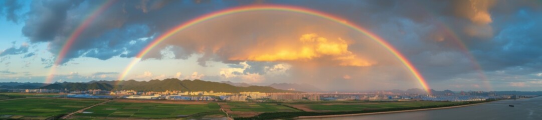 Fototapeta premium Ethereal Anime-Style Winter Fantasy: Giant Hailstones and Double Rainbow Spectacle. Magical Weather Phenomenon in Dandong. Perfect for 2025 Winter Solstice, New Year, Spring Festival Marketing, UI Des