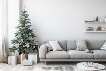 Obraz premium A modern, minimalist living room with a simple, white Christmas tree adorned with monochrome decorations