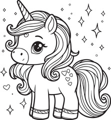 Cute Cartoon Unicorns isolated on white background. Vector illustration for coloring books