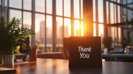 Thank You Card on an Office Desk During Sunrise. Warm and Inviting Workplace Setting with Sunlight Streaming Through Windows, Gratitude, Professionalism, and Positive Work Environment.