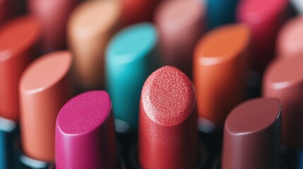 A close-up photograph displaying the tops of lipstick tubes in various vibrant shades, emphasizing the rich colors and textures of the makeup products.