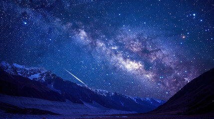 Fototapeta premium In the tranquil night, the Milky Way spans the sky, the majestic mountain range stands out clearly in the starlight, a meteor streaks across the night sky, disappearing on the horizon, a serene, myste