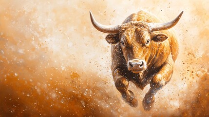 Powerful Bull Charging Through Dust in a Dynamic Action Scene. Majestic and Strong Animal Symbolizing Strength, Determination, and Energy, Perfect for Themes of Wildlife, Agriculture
