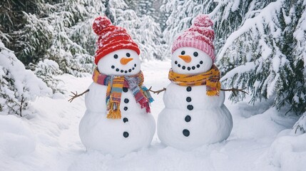 Fototapeta premium Cheerful Snowmen Couple in a Snowy Forest. Winter Wonderland Scene with Frosty Figures Dressed in Colorful Scarves and Hats, Surrounded by Snow-Covered Trees