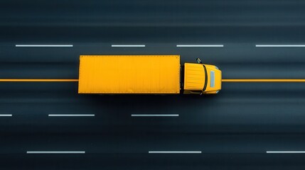 Aerial view of a large yellow truck traveling on a multi-lane highway, showcasing the transportation and logistics industry, as well as modern infrastructure and road safety.