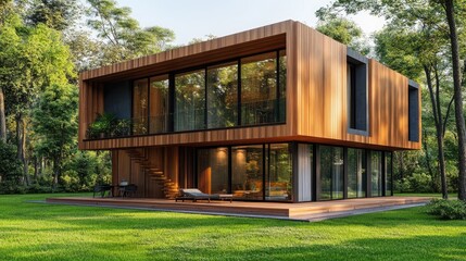 modern wooden house with glass windows in the forest