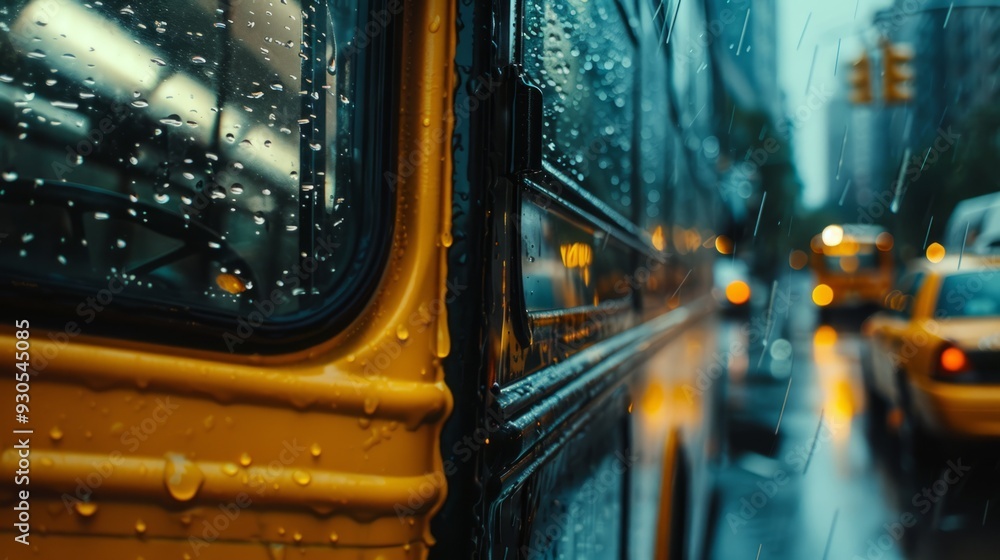 Poster rain drops cascading down bus window