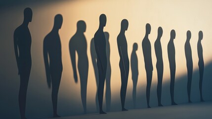 Series of abstract male silhouettes standing in various poses, casting long shadows against a minimalist background. Strong focus on shapes and form.