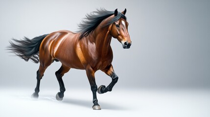 Obraz premium A stunning brown horse gracefully running, showcasing its muscular build and flowing mane against a soft background.
