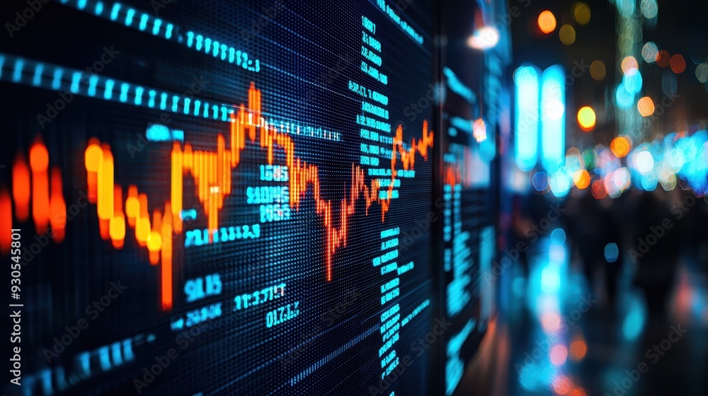 Poster a close-up view of a digital stock market chart displaying trends and data in vibrant colors.