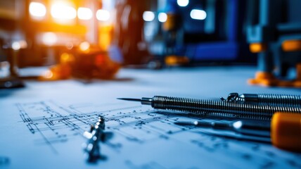 A close-up view of engineering tools arranged on a blueprint, showcasing precision and creativity in design.