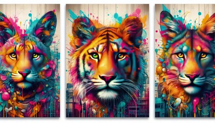 Obraz premium HD triptych art of graffiti-style animal portraits, vibrant colors, urban background, digital painting, white background