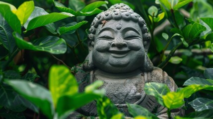 Obraz premium Smiling Buddha statue surrounded by lush green foliage