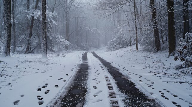 Snow-dusted road leading into the woods, animal footprints in the snow, muted winter tones