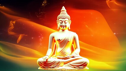 Buddha statue illuminated in vibrant colors during a meditation session