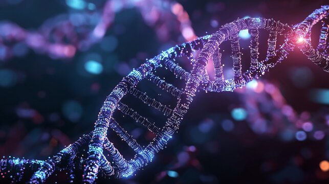 A digital representation of a DNA strand with binary code and data streams, highlighting the intersection of genetics and technology in a futuristic style