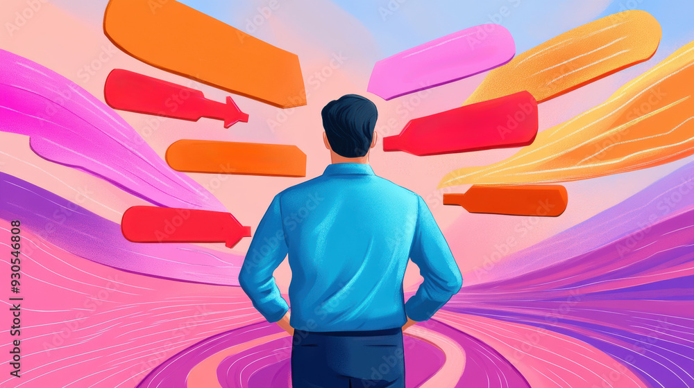 Poster a man standing in front of a colorful background with many arrows, ai