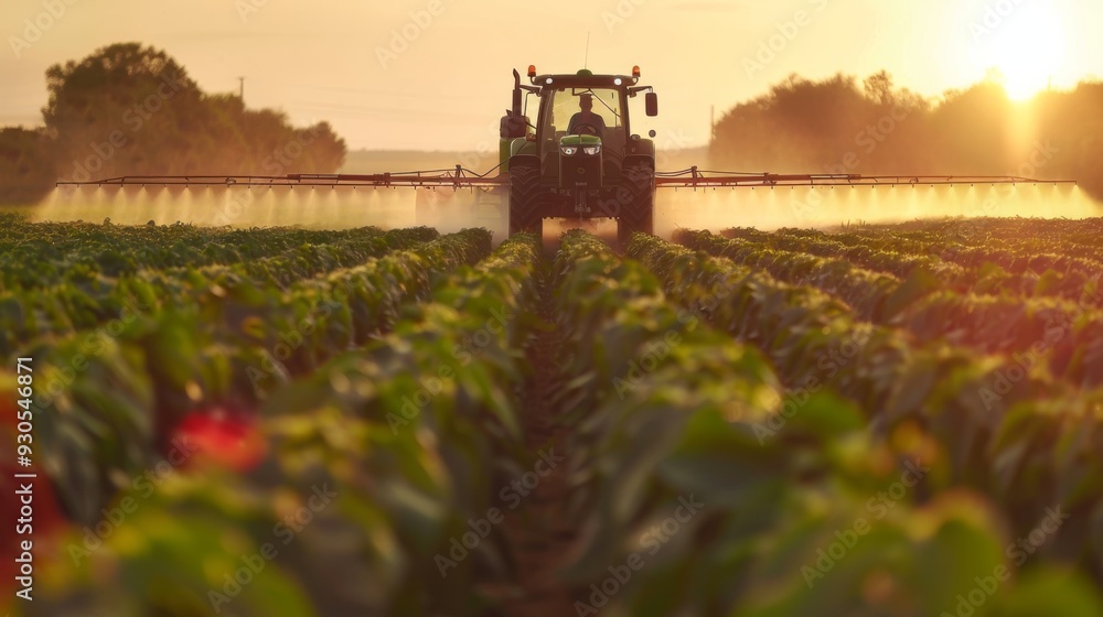 Poster soybean field being sprayed by a tractor with herbicide