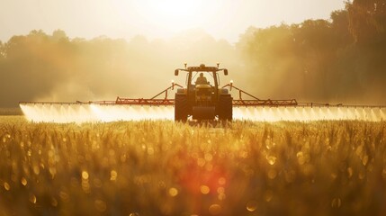 Fototapeta premium Soybean field being sprayed by a tractor with herbicide