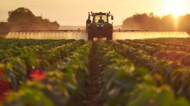Soybean field being sprayed by a tractor with herbicide