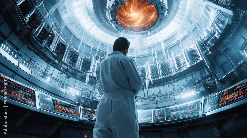 Poster researchers in lab coats monitor complex energy systems through high-tech displays in a state-of-the