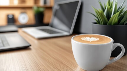A cup of coffee on a table next to two laptops, AI