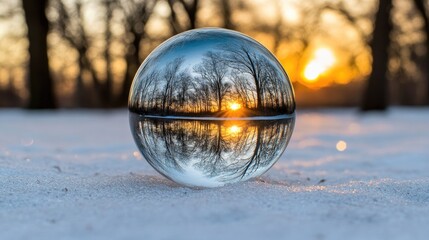 The sapphire glass ball reflects a tranquil winter forest at sunrise, with golden light shining on the snow and trees creating a serene atmosphere