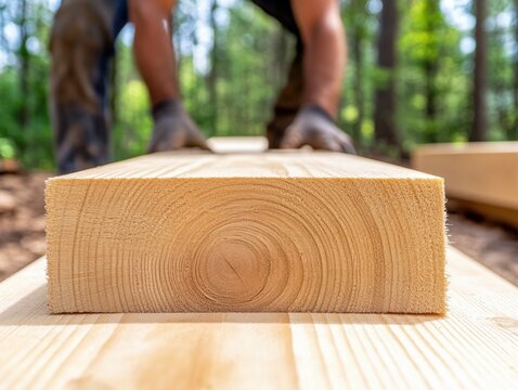 Craftsman shapes timber in a sunlit forest clearing during a serene woodworking session